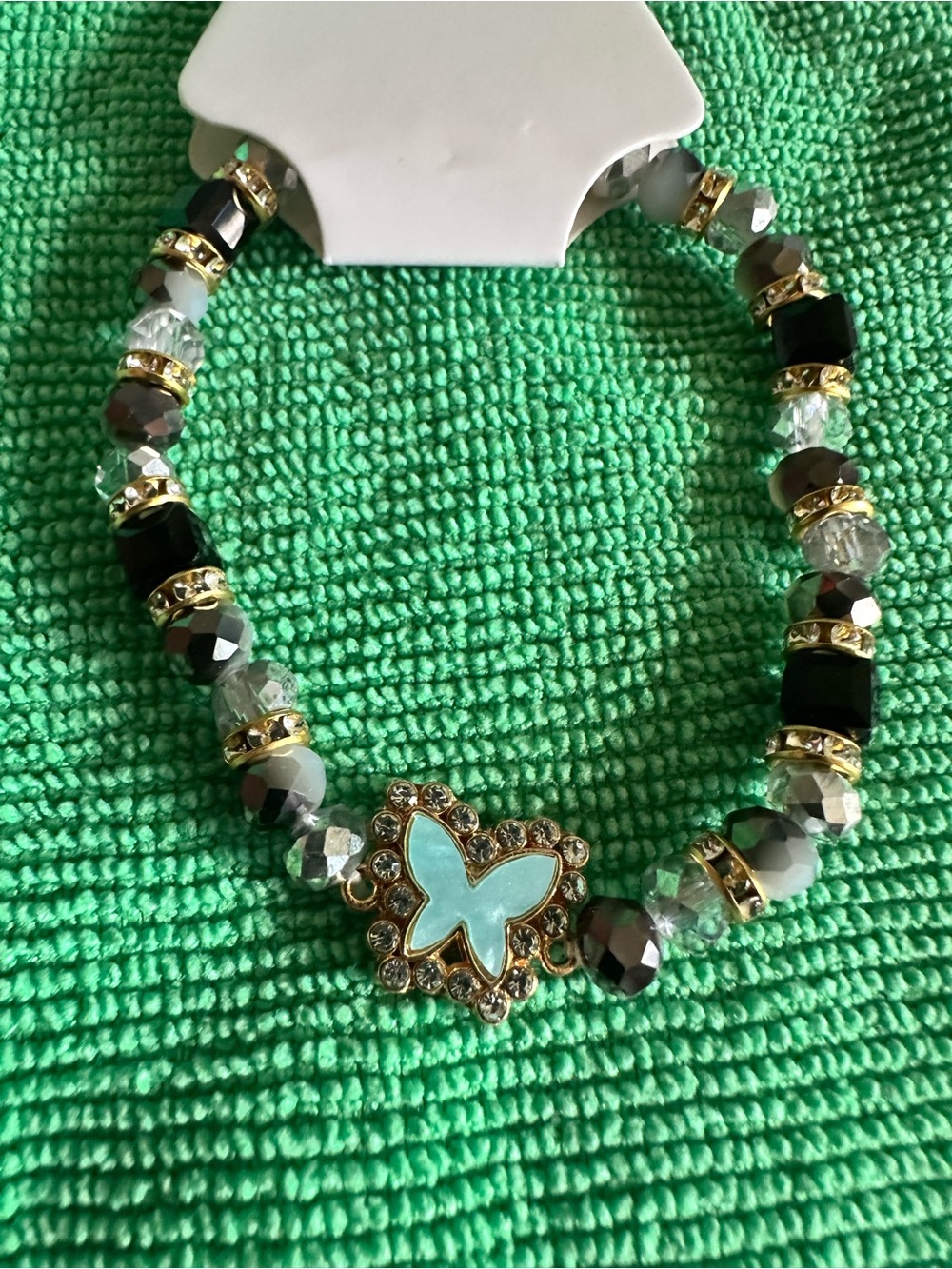 Gold-Tone Butterfly Beaded Bracelet in Light Blue and Black